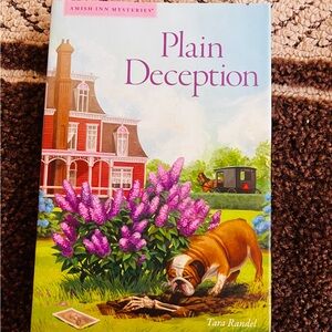 Amish Inn Mysteries 'Plain Deception' Book Cover with Purple and Green Accents